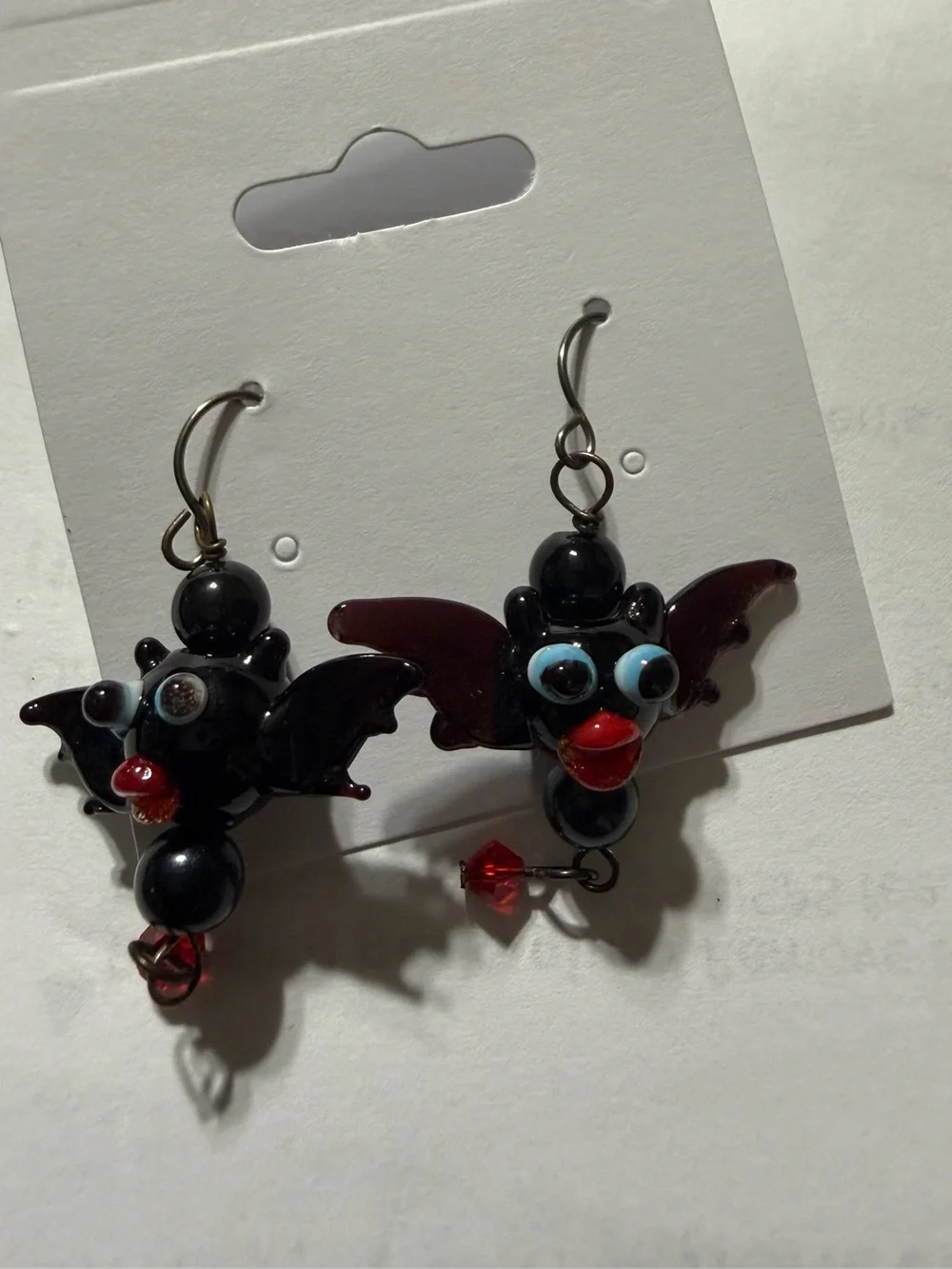 Source Unknown Black and Red Glass Bat Dangle Earrings